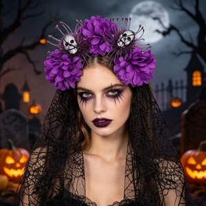 Diadema de tela hecha a mano con crisantemos de simulación de novia fantasma de Halloween para mujer, velo de calavera, pinza para el pelo, para fiesta de disfraces - Product Image 3
