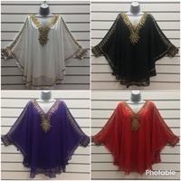 Chemisier Kaftan Femme Grande Taille en Georgette Brodé de Perles et Paillettes, Col en V, Manches Longues, Style Unique, Écologique, Printemps