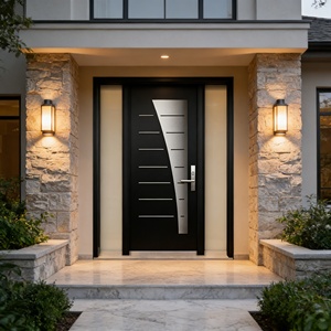 Porte d'entrée contemporaine de luxe en acier noir, porte extérieure de sécurité moderne en acier avec design en acier inoxydable pour villa - Product Image 2