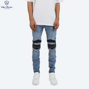 Bordo DENIM personalizzato blu nero con cerniera in <span class=keywords><strong>pelle</strong></span> plissettata Moto Biker <span class=keywords><strong>Jeans</strong></span> da uomo - Product Image 3