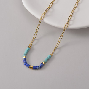 Collar de mujer de cadena chapada en oro de 14 quilates con cuentas de <span class=keywords><strong>turquesa</strong></span> lazurita colgante irregular de joyería de piedra natural Bohemia - Product Image 3