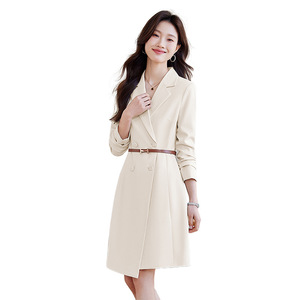 Pink Long Sleeve Dress For Women With Belt Office Wear Elegant Casual Style Natural Waistline Peak Lapels Buttons Breathable - Product Image 5