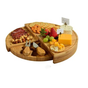Tabla de queso giratoria de bambú de 33x33x4 cm con juego de cubiertos para fiestas y picnics - Product Image 1