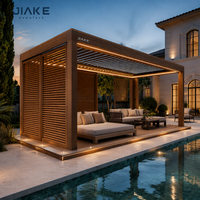 Pergola motorisée en aluminium haut de gamme avec bande LED sous la poutre et capteur de pluie et de vent, toit à fermeture automatique pour terrasse de piscine à débordement