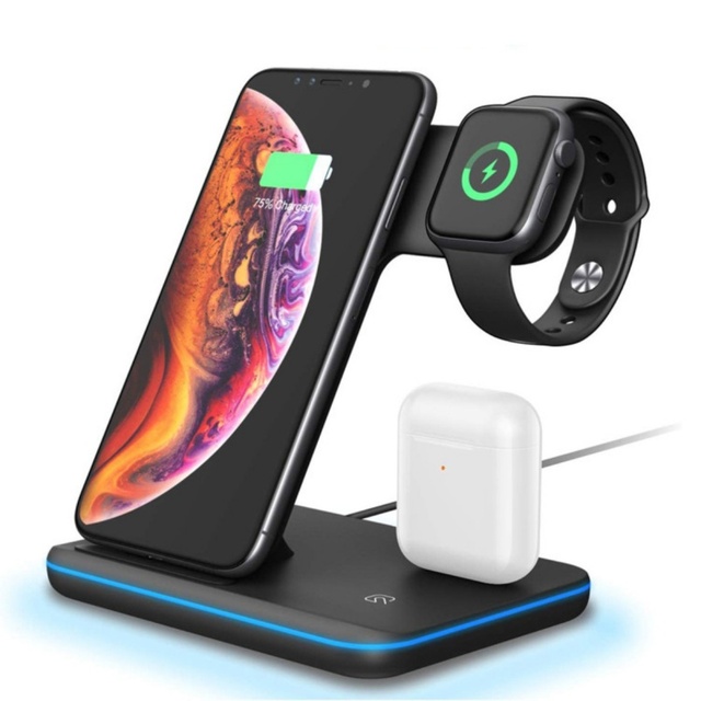 3 in 1 Wireless Charger Stand with 15W Fast Charging QC3.0 3-10mm Distance for Watch & iPhone Models