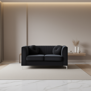 Canapé deux places chic noir à accoudoirs inclinés, rembourré en tissu avec dossier capitonné pour salon - Product Image 2