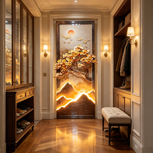 Wholesale Custom <b>Framed</b> LED Light Crystal Porcelain <b>Wall</b> Art Golden Ginkgo Tree Mountain Sunset Landscape Entryway Home Decor - Product Image 4