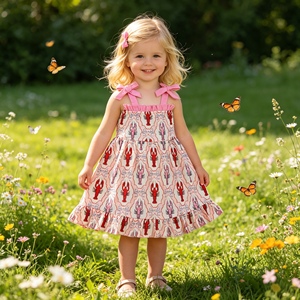 GSD3730 RTS Vestido sin mangas para niña, con estampado de mariposas rojas, hasta la rodilla, con encaje floral a rayas, venta al por mayor - Product Image 1