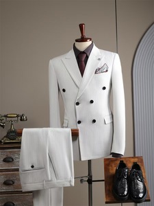 Traje de talla grande de estilo italiano/británico a rayas de doble botón a la moda <span class=keywords><strong>para</strong></span> <span class=keywords><strong>hombre</strong></span>, traje de <span class=keywords><strong>boda</strong></span> informal, traje de novio, adelgazamiento Formal - Product Image 2