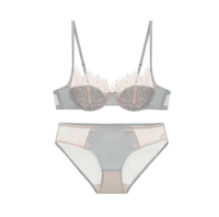 Ensemble de Lingerie Femme en Satin et Dentelle Florale, Soutien-Gorge à Armatures, Culotte Transparente à Taille Basse, Bretelles Réglables, Vente en Gros