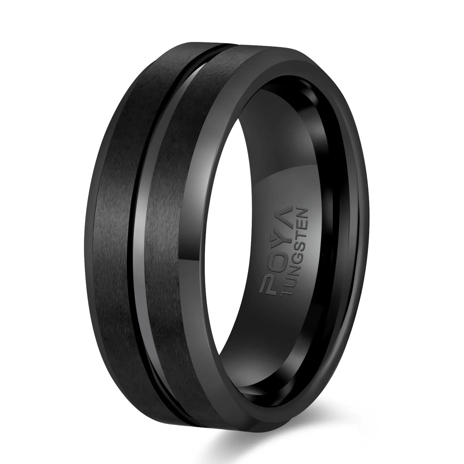 POYA Jewelry 8ミリメートルTungsten Carbide Ring Silver Line Black Brushed Beveled Wedding Band Ring