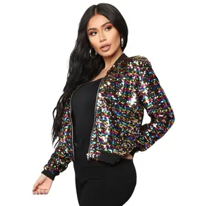 Jaket berkilau mantel payet warna-warni Bomber wanita jaket ritsleting pakaian klub jalanan keren lengan panjang Bling Bling