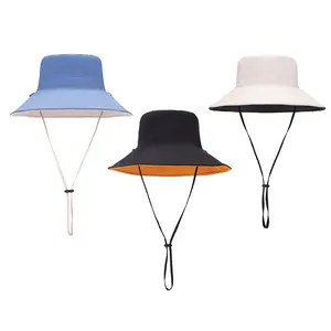 Double Side Used Large Brim Customizable Bucket Hat Cotton Fisherman Hat With Windproof Rope For Sunshade Protection