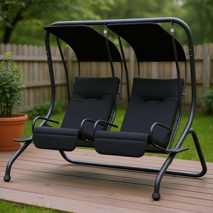 Dondolo da esterno a 2 posti nero con cuscini indipendenti e portabicchieri per patio e giardino - Product Image 2