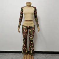 Ensemble de vêtements de yoga pour femmes en 3 pièces, haut court à manches longues, pantalon évasé, bandeau, motif camouflage, logo personnalisé, OEM ODM, vêtements décontractés