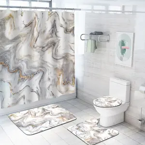 Wholesale 3D Printing Marble Bathroom Shower Curtain Set, Waterproof Marble Shower Curtain and Bath Rug Set