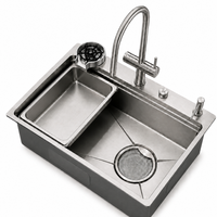 Évier de cuisine professionnel en acier inoxydable brossé SUS304, fait main, à cuve unique, avec planche à découper coulissante, lave-tasses, robinet en laiton, OEM