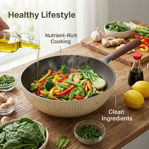 Ceramic Coated Wok Milky White 32 Cm Non-Stick Flat Bottom For Steaming Stewing Cooking With Wooden Handle - Product Image 1