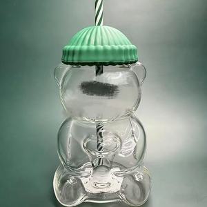 Simpatica Tazza in Vetro Trasparente a Forma di Orsetto, Antigoccia, Sicura per Alimenti, con Cannuccia, Ideale per Feste, per Acqua, Succhi, Latte e Caffè - Product Image 1