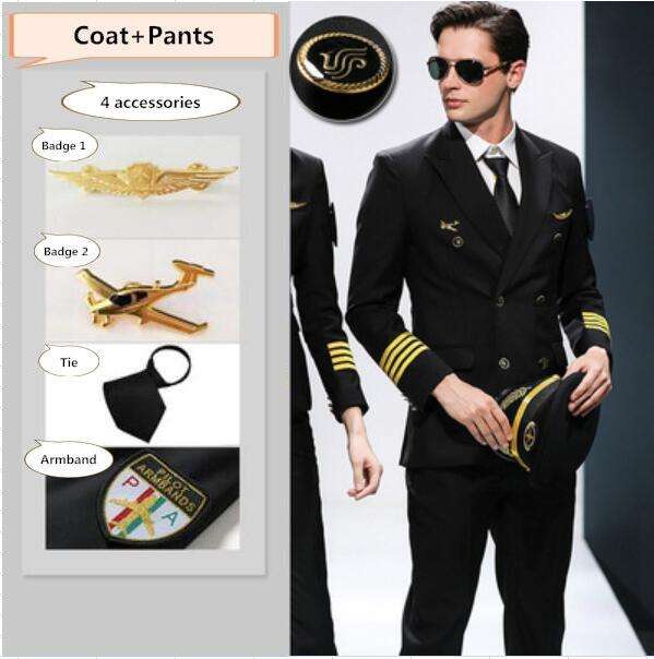 Black Men's double breasted coat+pants+4 accessories