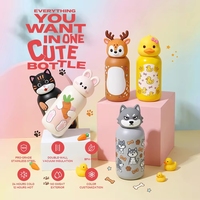Bouteille d'eau isotherme pour enfants 500 ml avec couvercle cerf 3D mignon, en acier inoxydable à double paroi, gourde sous vide avec tête d'animal de dessin animé pour enfants
