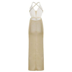 Robe maxi élégante à col en V, coupe droite, avec découpe, fente haute et paillettes - Robe de soirée longue à bretelles spaghetti dos nu - Product Image 6