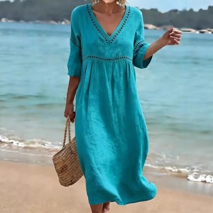 Abito lungo da donna in cotone plissettato a maniche a <span class=keywords><strong>tre</strong></span> <span class=keywords><strong>quarti</strong></span>, tinta unita, scollo a V, elegante e casual, nuova collezione Primavera/Estate 2026 - Product Image 3