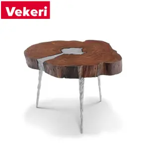 Modern simple tripod metal inlaid wood brown coffee table, placed in the living room and study more practical.