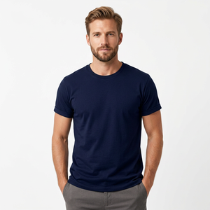 Camiseta de Algodón Azul Marino para Hombre, Manga Corta, Cuello Redondo, Corte Regular, Estilo Casual, Tejido Jersey, Color Sólido, Diseño Liso - Product Image 1