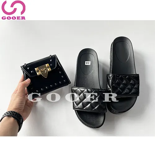GOOER-zapatillas negras de diseñador para mujer, mini bolso con remaches, monedero de pu y conjunto de zapatos, sandalias deslizantes de plataforma, 2 uds., 2021