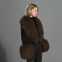 Luxuriöser Fluffiger Echtlammfell-Kragen und Manschetten Großhandel Kurzer Mantel Lässige Damen Echtlederjacke mit Kundenspezifischem Logo
