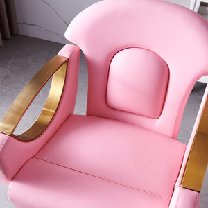 เก้าอี้ตัดผมหนังสีชมพูสวยงาม ฐานสีทอง สำหรับช่างมืออาชีพ มีจำหน่าย - Product Image 4