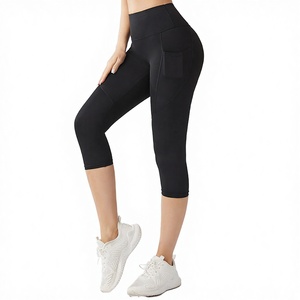 Wholesale 2025 Custom Logo Breathable High Waisted Capri <b>Leggings</b> - Buttery Soft Gym Fitness <b>Leggings</b> <b>with</b> Side <b>Pockets</b> - Product Image 4