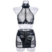 Ensemble de lingerie en cuir noir pour femmes, soutien-gorge à forte poitrée, sous-vêtements sexy et révélateurs, tissu en nylon, design populaire, soutien-gorge tendance