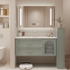 Cream bathroom sink cabinet defogged rock integrated basin wood vanity with multi-layer storage drawers - Product Image 2