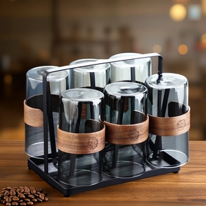 300ml semplice vetro grigio fumo alto borosilicato colorato tazze da <span class=keywords><strong>caffè</strong></span> tè con manico in legno 6 pezzi set con supporto - Product Image 6