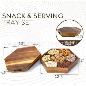 Juego de bandejas para servir aperitivos, hexagonales de madera de 13 pulgadas con asa para almacenamiento en fiestas - Product Image 1