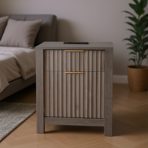 Modern Gray Farmhouse End Table Square <b>Nightstand</b> with <b>Smart</b> USB Charging Port for Bedroom Storage Organization 2 Pcs Set - Product Image 2