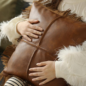 장식용 탑 스티칭과 프린지 베개 케이스가있는 PU 가죽 패치/ - Product Image 4