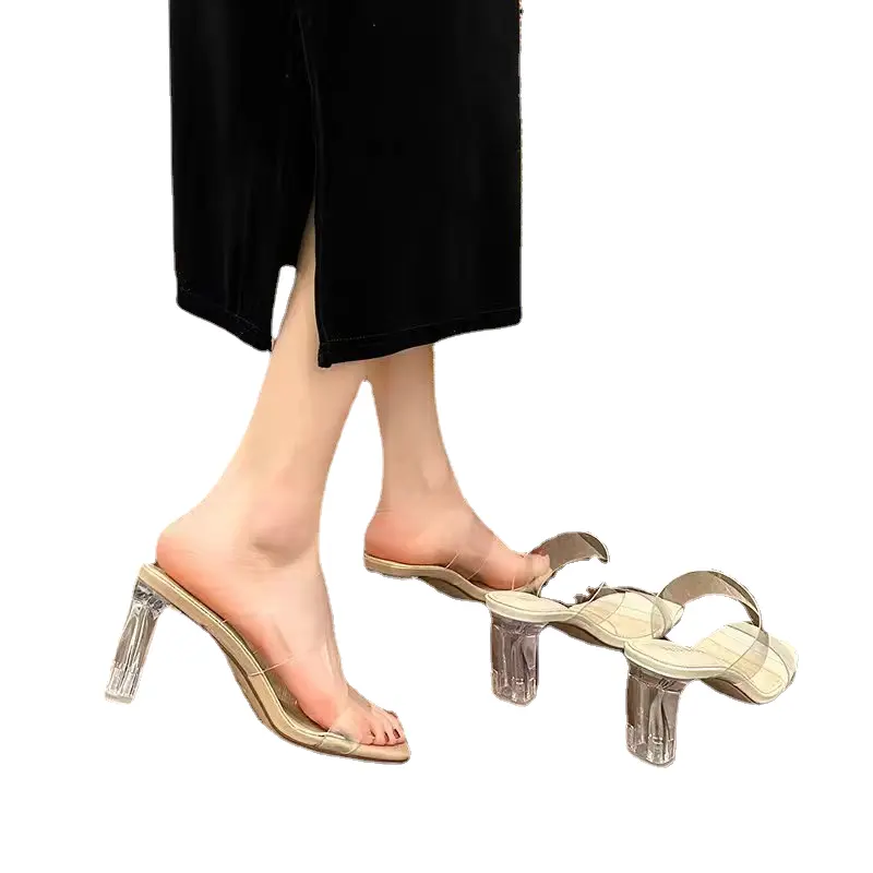 Şeffaf kadın sandalet Internet ünlü tarzı zarif kalın topuklu kristal terlik seksi kıyafet yüksek topuklu