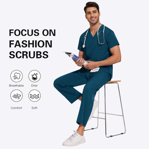 Unisex quá khổ phù hợp với chà đồng phục thiết lập polyester chống nhăn căng V cổ Top & đàn hồi eo quần thẳng - Product Image 6
