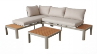 Ensemble de canapé sectionnel d'extérieur moderne en aluminium taupe clair en forme de L pour 4 personnes, table basse à lattes en teck, beige épais
