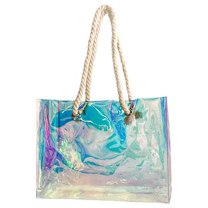 Halat kolu ile özel sıcak holografik Pvc temizle Tote çanta yaz kadın moda pvc plaj çantası alışveriş çantası