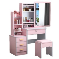 Ensemble coiffeuse avec tabouret, bureau de maquillage en bois avec miroir rond et tabouret rembourré