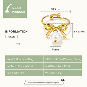 Bague ajustable en acier inoxydable plaqué or 14 carats sous vide avec nœud et fausse perle blanche pendante - Product Image 2