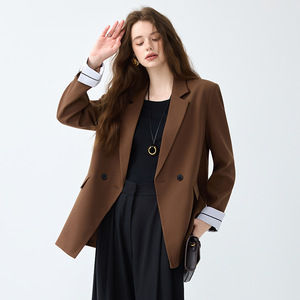 Women's Brown Blazer Loose Fit Solid Color Polyester Worsted Casual Professional Spring Autumn Style - Product Image 4