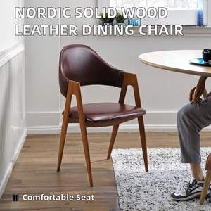 Vente directe d'usine, chaise de salle à manger moderne confortable en bois massif de style nordique, avec accoudoirs en cuir, meubles pour la maison - Product Image 2