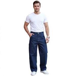 Men's Wide Leg High <b>Waist</b> Dark Blue Denim <b>Jeans</b> Loose Fit Casual Style 100% Cotton Button Fly Solid Color Midweight Woven - Product Image 1