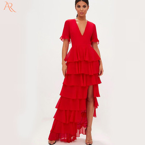 Robe longue rouge en mousseline de soie, col en V profond, à volants - Product Image 4