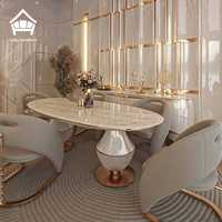 Ensemble de meubles de salle à manger de luxe moderne, table en métal doré, chaises en cuir design pour villa, hôtel, projet clé en main